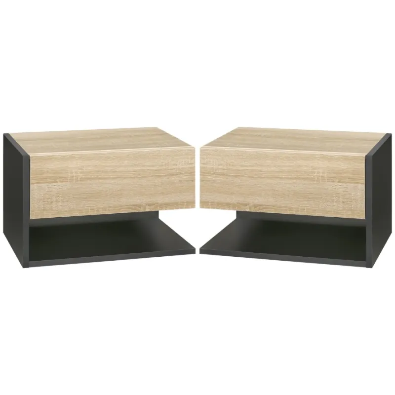 Set of 2 Wall-Mounted Floating Bedside Tables with Drawer and Shelf - Oak & Black