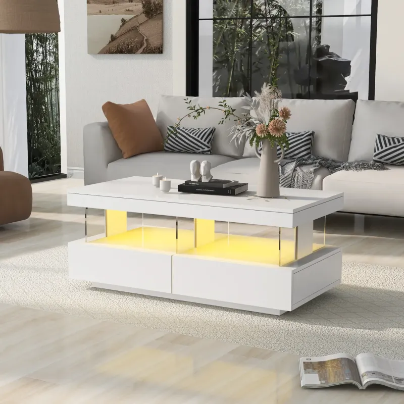 White High Gloss Coffee Table with 16-Colour LED Lights and 2 Drawers