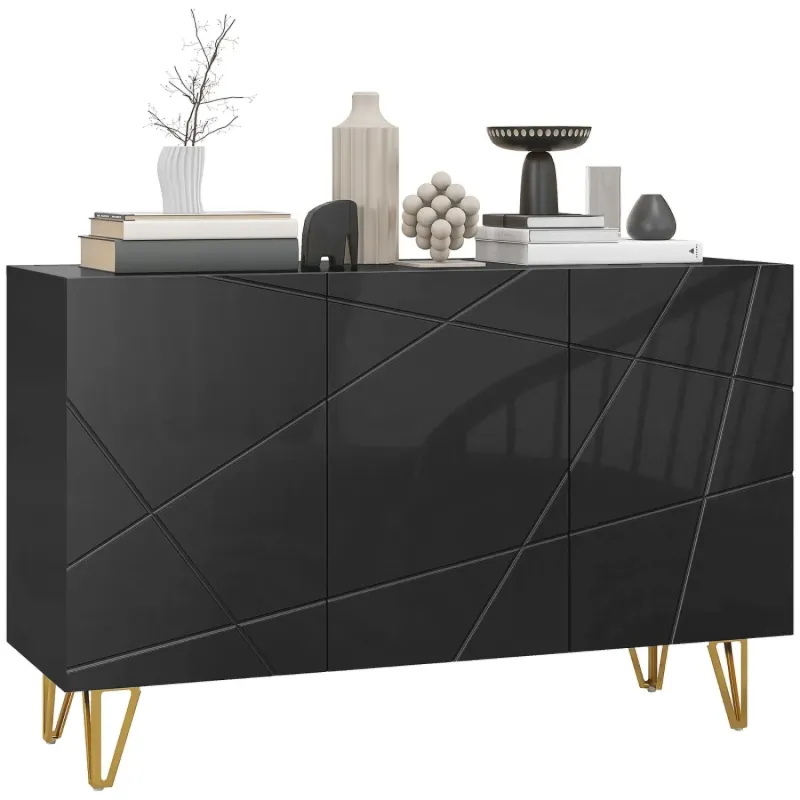 Modern High Gloss Sideboard with Gold Accents and Hairpin Legs - Black