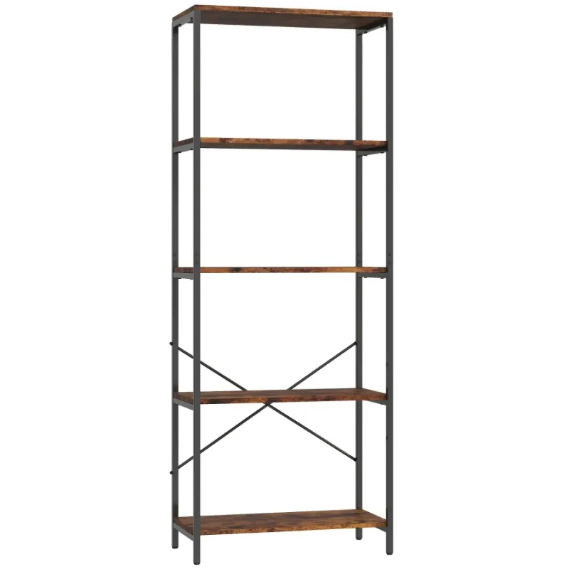  5-Tier Industrial Bookshelf with Metal Frame and Rustic Brown Shelves