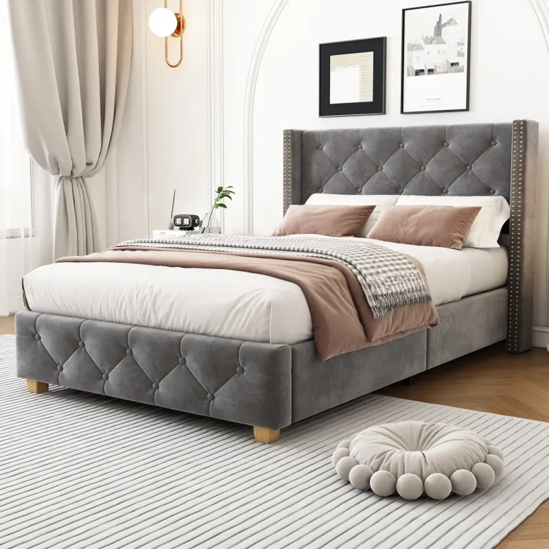Velvet Upholstered Single 3ft Bed Frame with Button Detailing - Grey