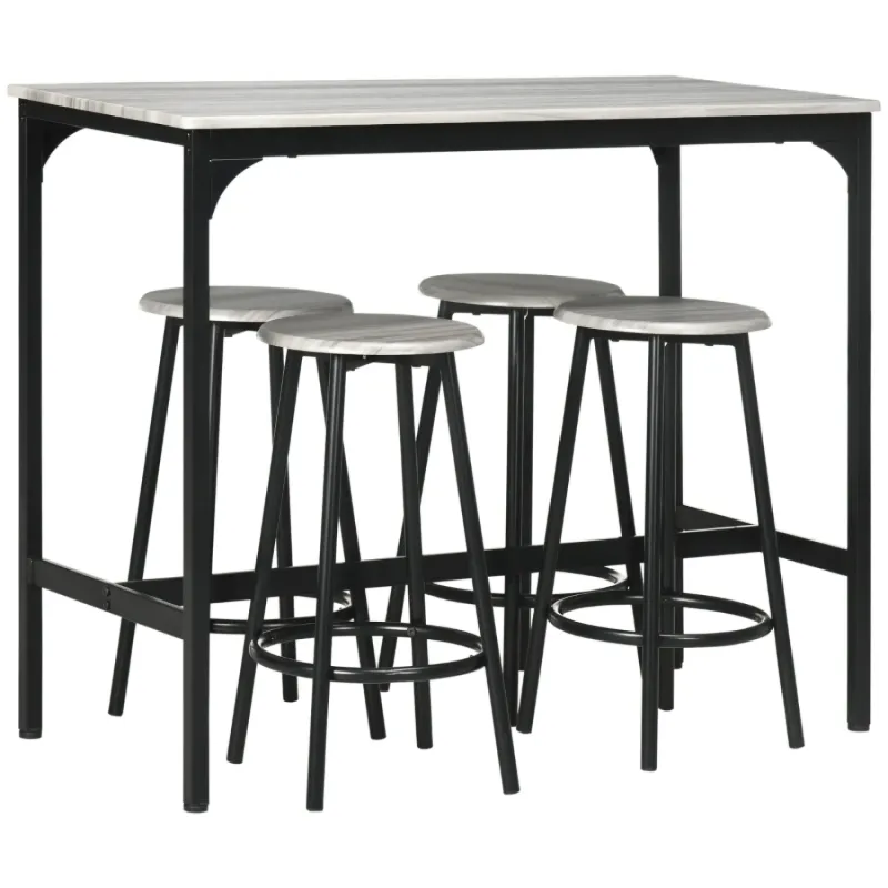 5-Piece Industrial Bar Table and Stool Set - Grey and Black
