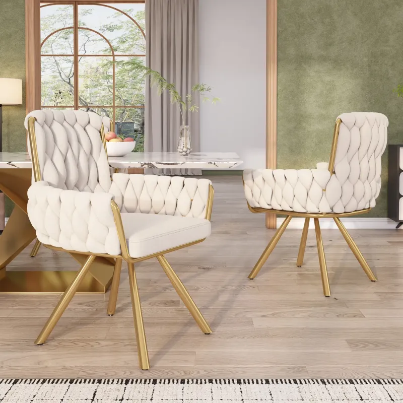 Set of 2 Beige Velvet Swivel Dining Chairs with Metal Legs