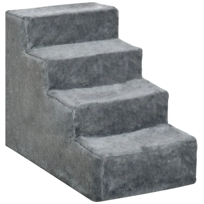 Four-Step Dog Stairs with Washable Plush Cover - Light Grey