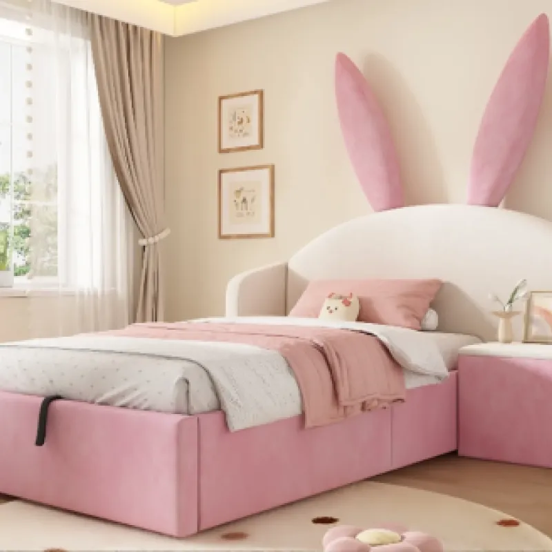 Bunny Ears Upholstered Single Ottoman Bed with Integrated Nightstand - Beige & Pink