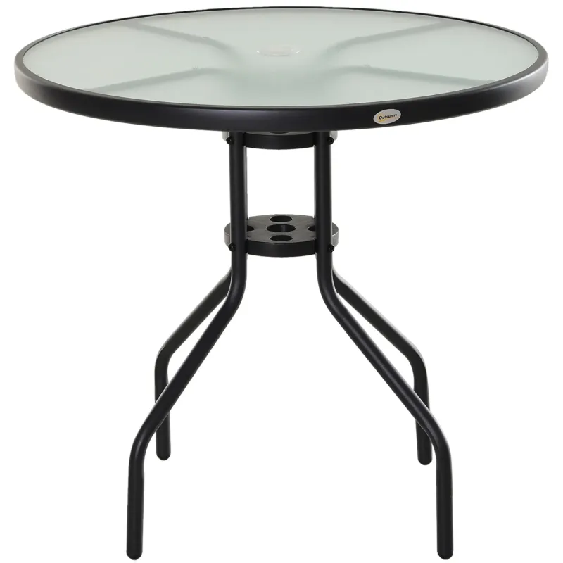 Round 80cm Glass Garden Dining Table with Parasol Hole, Black