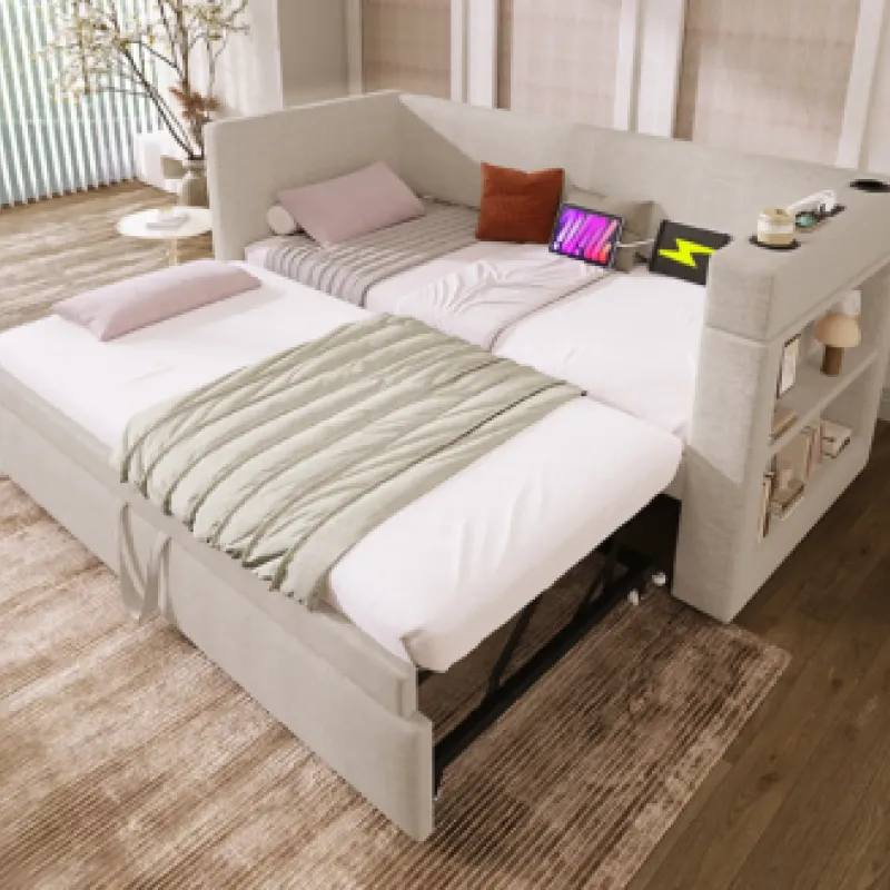 3FT Single Upholstered Daybed with Pull-Out Trundle, USB Charging & Cup Holders - Beige Linen