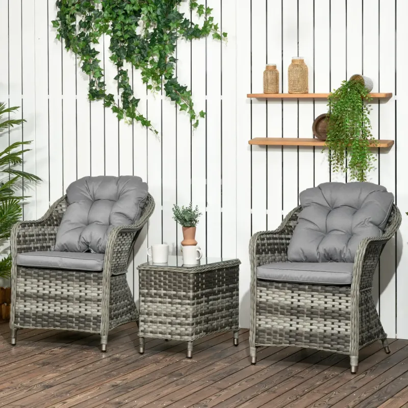  3-Piece Rattan Bistro Set with Cushions and Glass Top Table - Grey