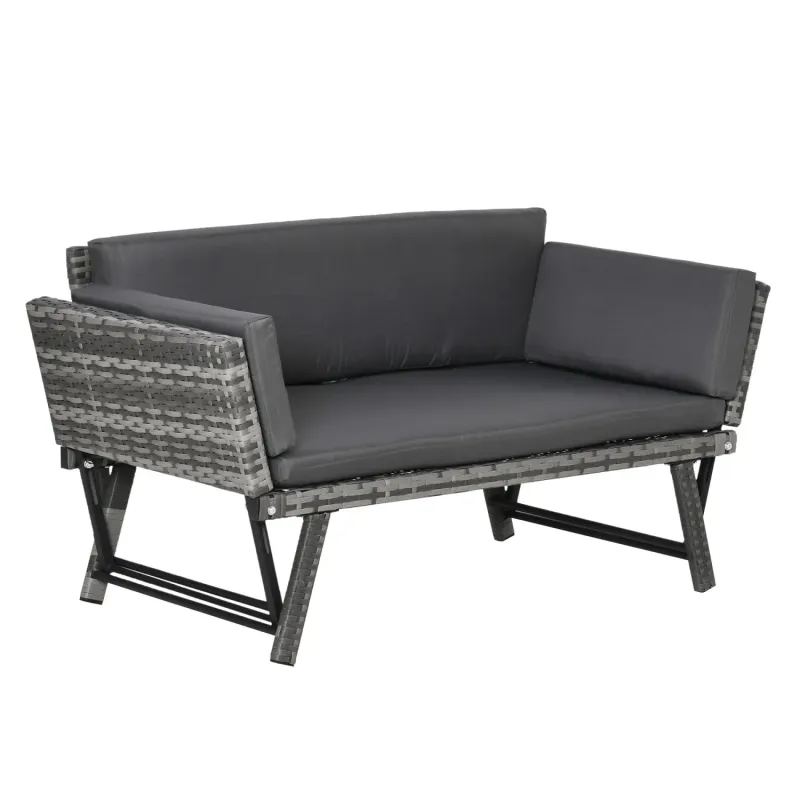 2 Seater Rattan Garden Sofa Bed with Adjustable Armrests, Mixed Grey