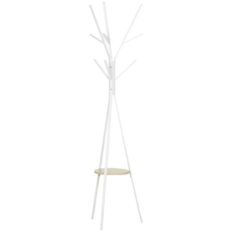 Freestanding Metal Coat Rack with 9 Hooks and Shelf - White