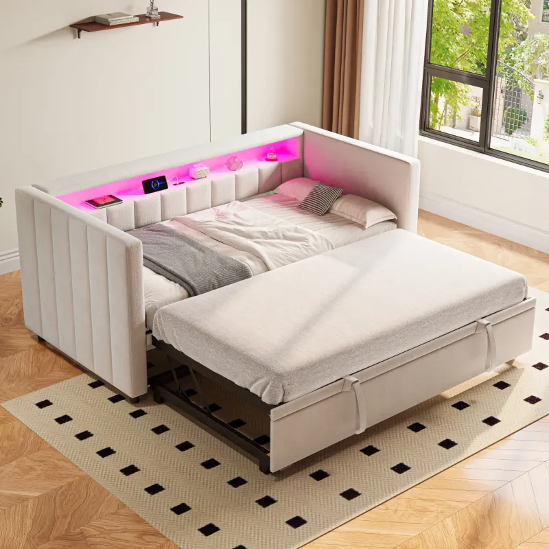 Velvet Sofa Bed, 90x190 cm, in Beige, with Pull-Out Bed & USB Charging