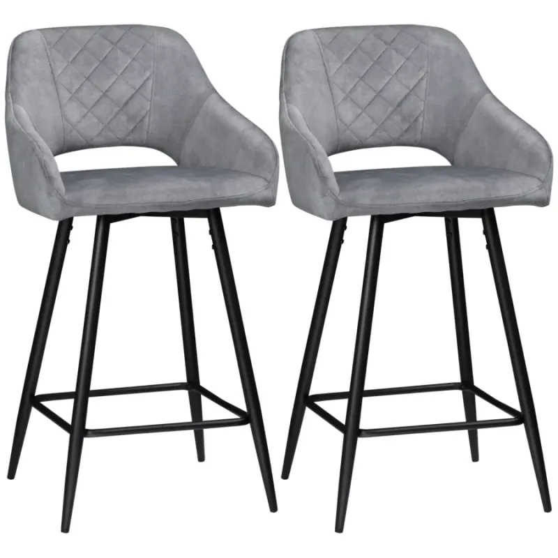 Bar Stools, Set of 2, Velvet-Touch Fabric in Grey with Armrests and Steel Legs