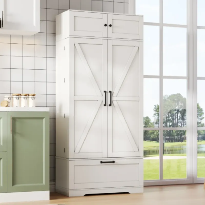 80cm Freestanding Kitchen Pantry Larder Cupboard with Wine Rack & Drawer