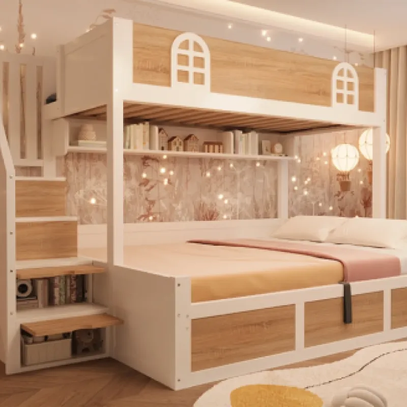 Triple Sleeper Staircase Bunk Bed with Hydraulic Storage - White & Natural