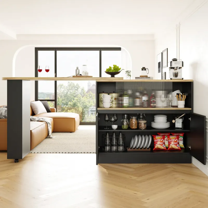 Modern 360° Swivelling Bar Cabinet - Black Kitchen Island & Sideboard with Fluted Glass Doors