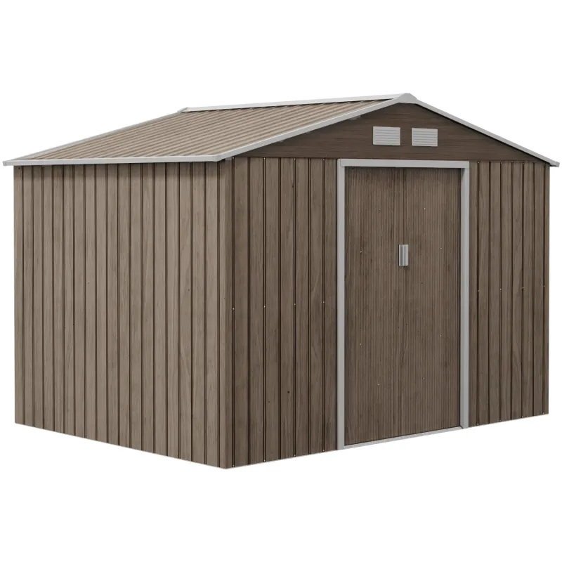  9 x 6ft Steel Garden Shed with Foundation and Lockable Double Doors - Brown