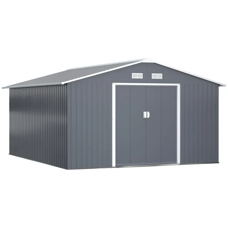  13 x 11ft Large Metal Garden Shed with Foundation Kit and Lockable Double Doors - Grey