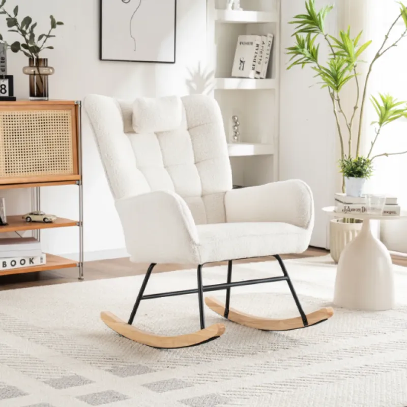 White Fabric Rocking Chair with Matching Footstool and Neck Pillow