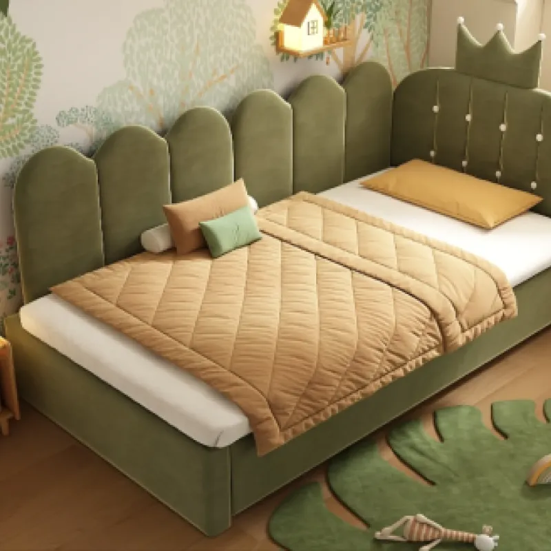Velvet Daybed, Single, in Green, with Crown Headboard and Pull-Out Trundle