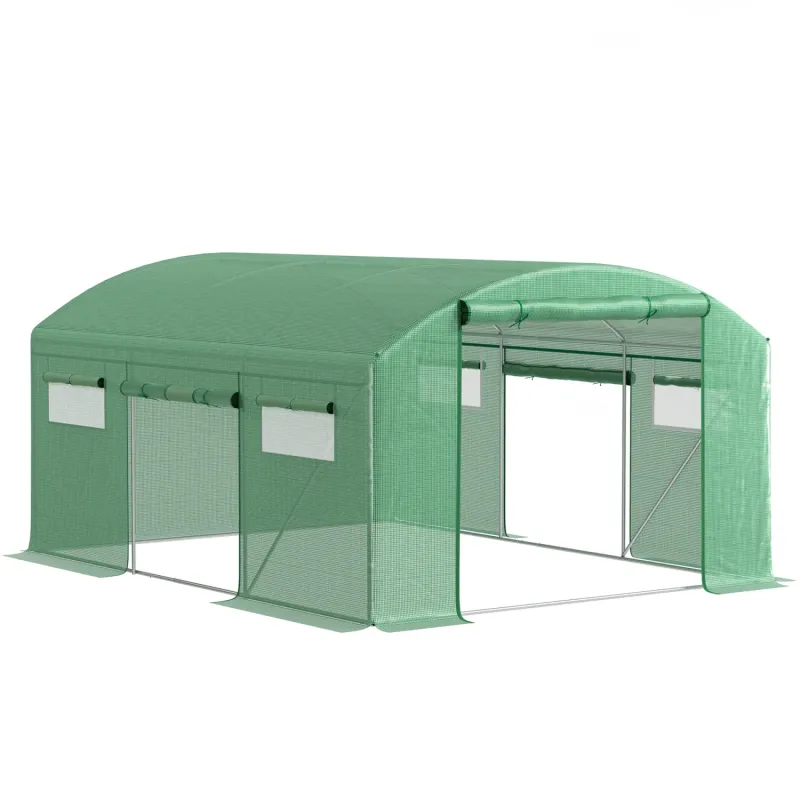 4m x 3m Walk-In Polytunnel Greenhouse with 3 Doors - Green