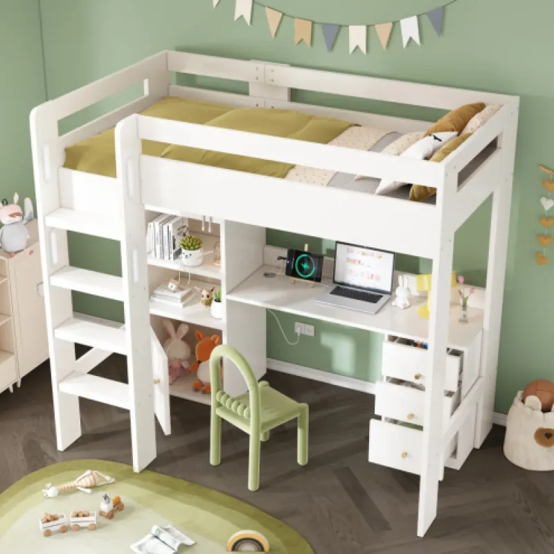 Kids' High Sleeper Loft Bed with Desk, Storage Stairs & USB Charging - White, 90 x 190cm