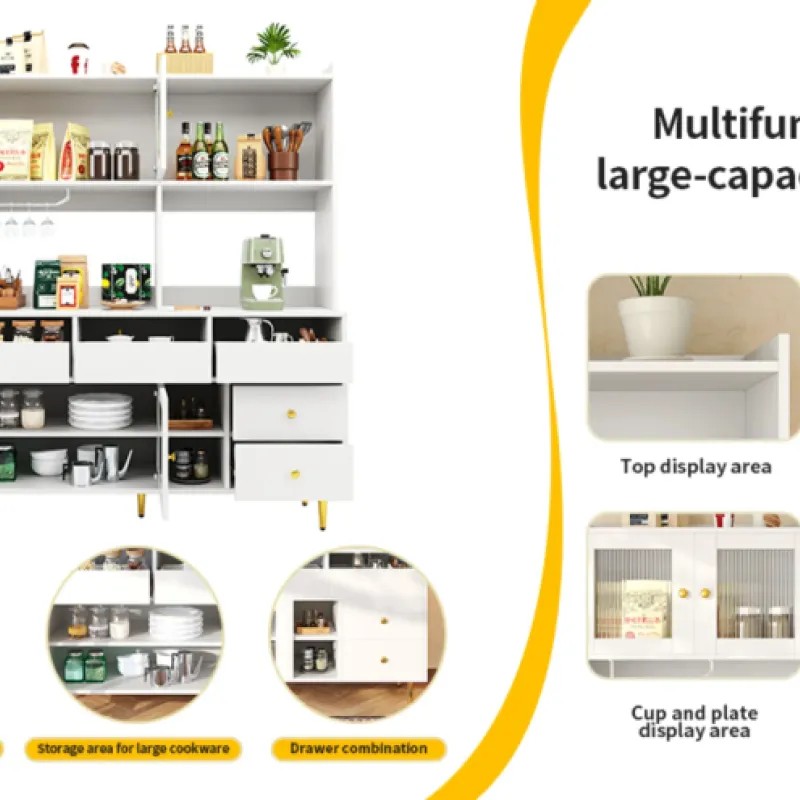 MDF and Metal Tall Sideboard, 145 x 39 x 171 cm, in White and Gold, with Fluted Glass Doors and Wine Rack