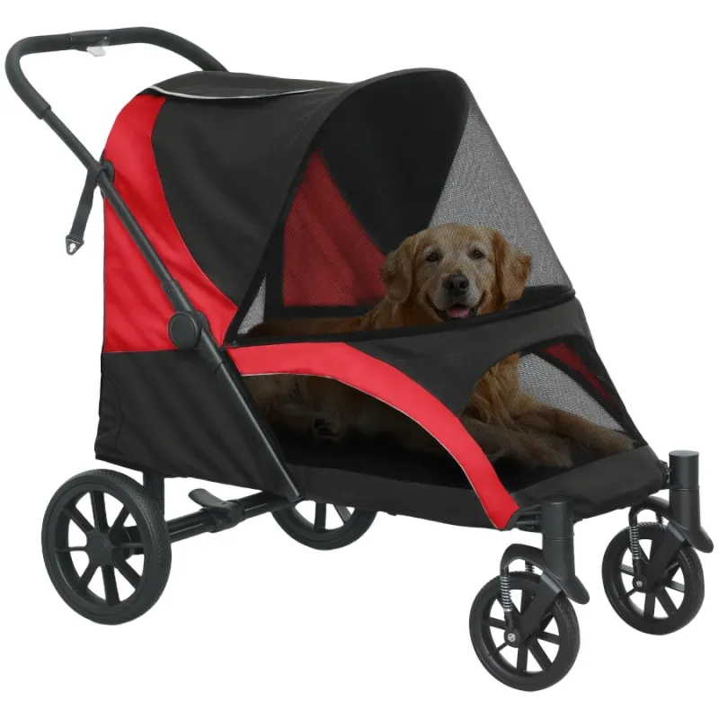 Large Dog Stroller with Shock Absorption and One-Click Folding - Black