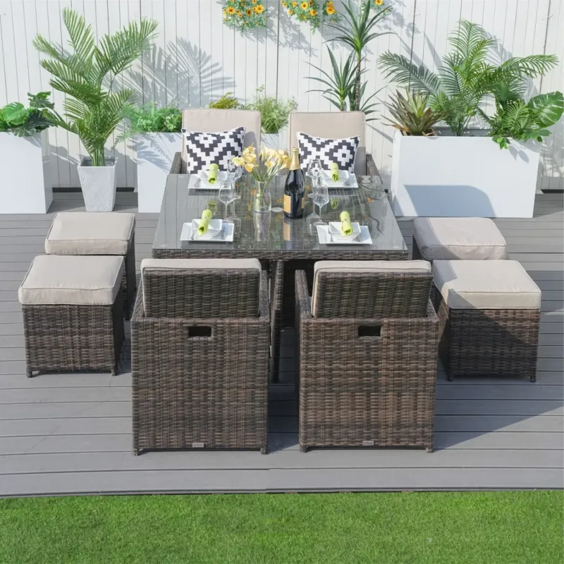 Aluminium Rattan 8 Seater Set, in Grey, with a Square Table, Parasol Hole & Folding Backrests