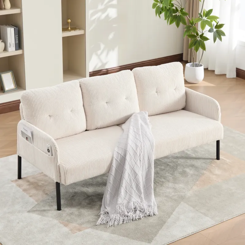 3 Seater Corduroy Sofa with Side Storage Pockets