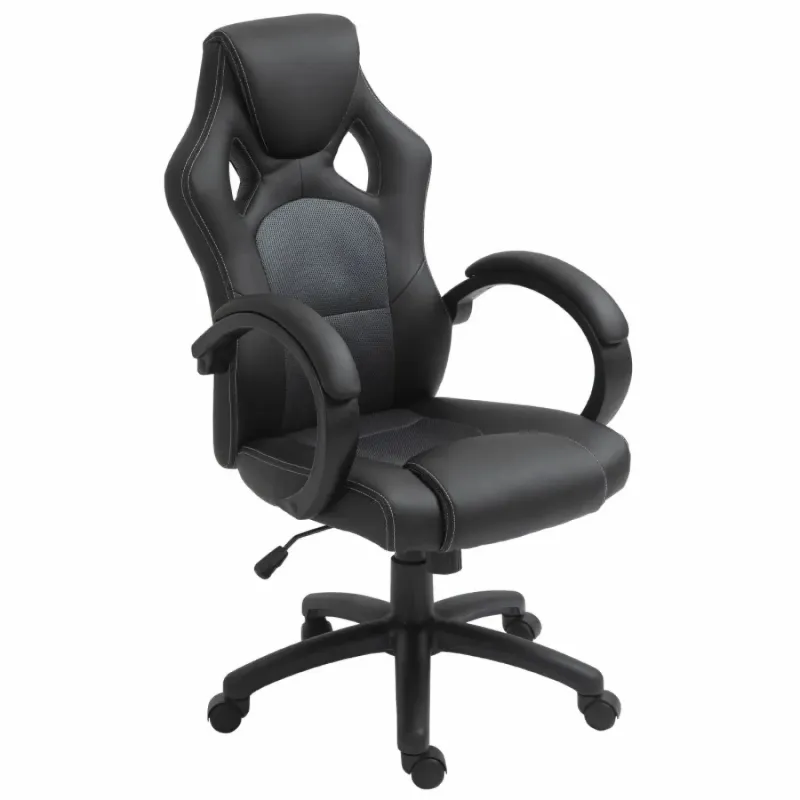 Faux Leather Swivel Office Chair with High Back - Black