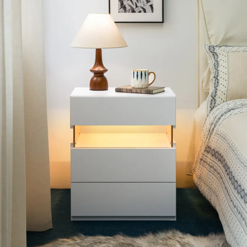 White 3-Drawer LED Bedside Table with Acrylic Panel