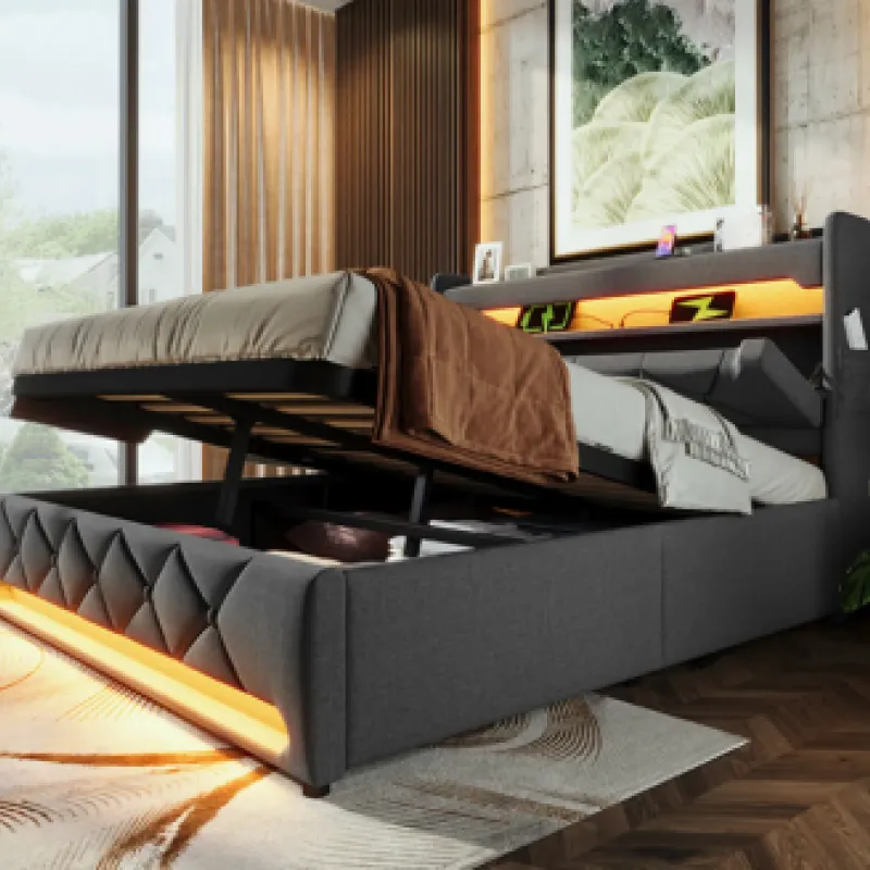 5ft King Size Storage Bed with LED Headboard, USB-C & Hydraulic Lift - Grey Linen
