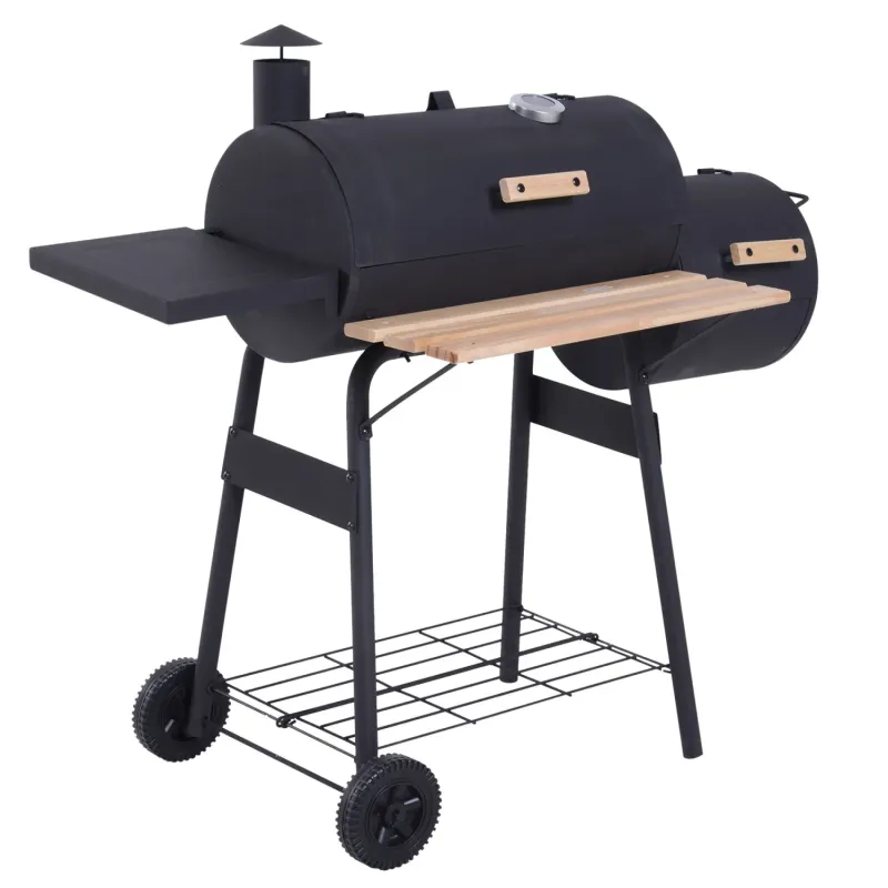 Portable Charcoal BBQ Grill with Offset Smoker and Shelves - Black