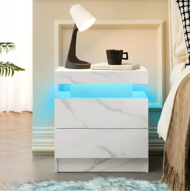 Modern LED Bedside Table with 2 Drawers and Open Shelf - White Stone