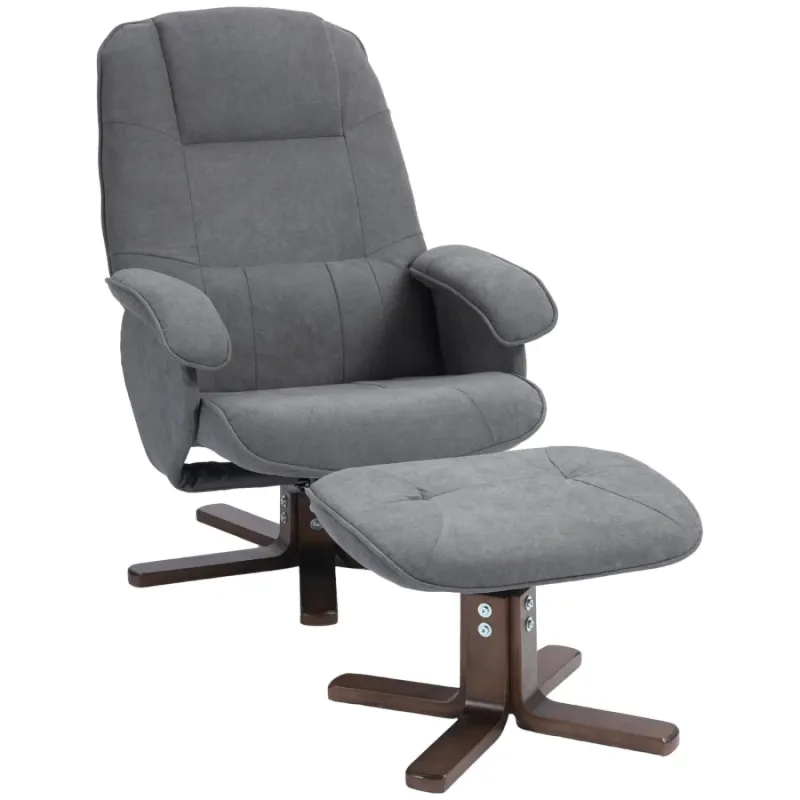 Linen Recliner Chair and Footstool, in Grey, with 360° Swivel and 145° Recline