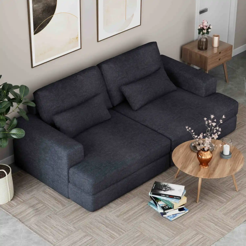 GreenForest Blue Chenille Modular Sectional Sofa with Lying Bed