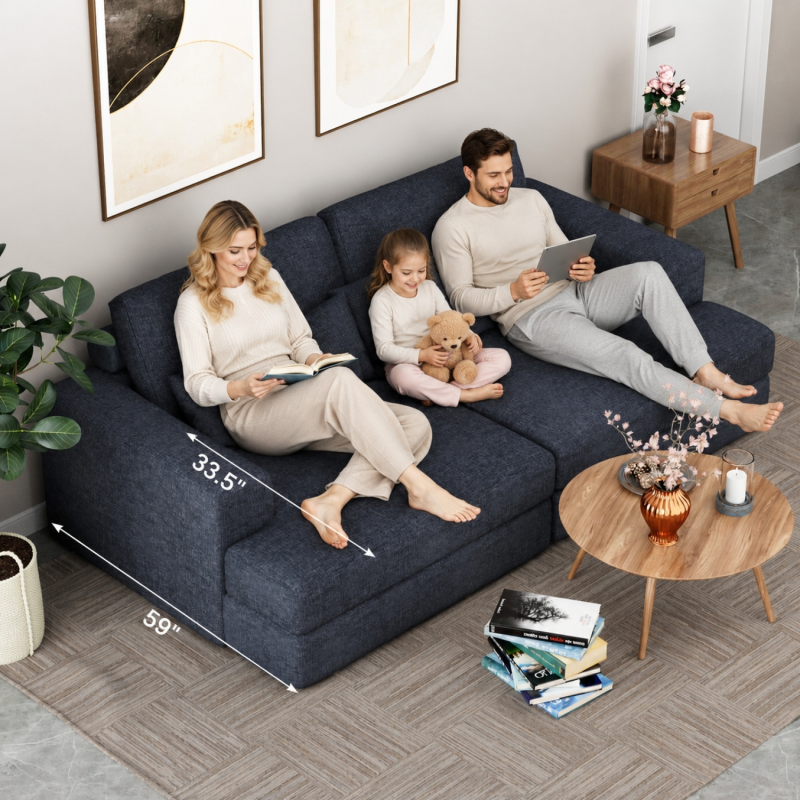 GreenForest Blue Chenille Modular Sectional Sofa with Lying Bed