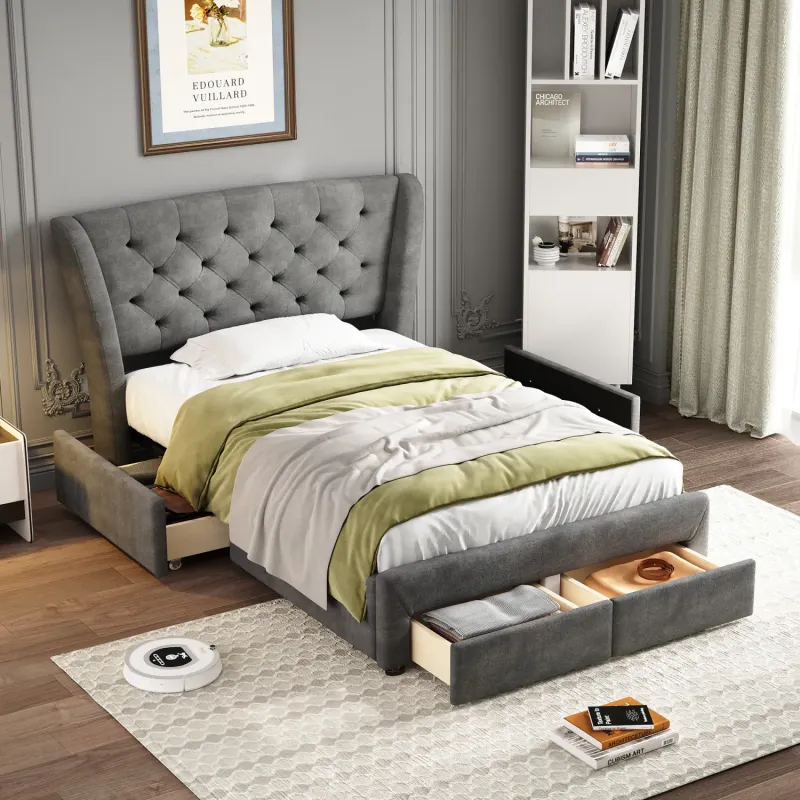 Grey Snowflake Fleece 3FT Single Upholstered Bed with 4 Storage Drawers