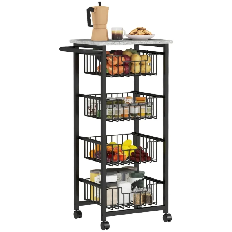 Four Basket Mobile Kitchen Island with Marble-Effect Top - Grey/Black