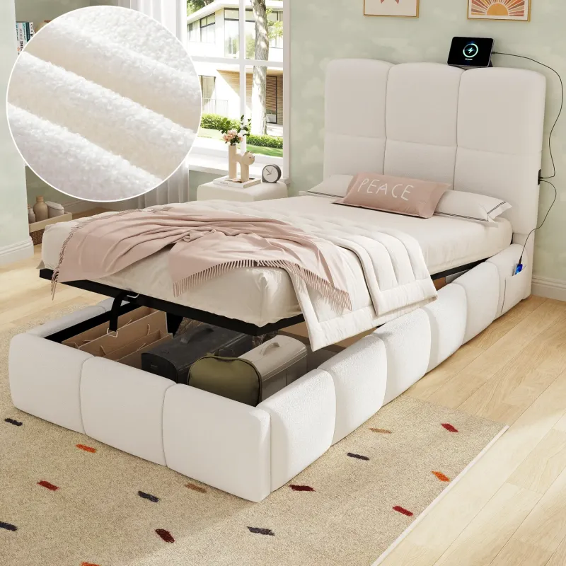 Single 3ft Bouclé Ottoman Storage Bed with USB-C Charging, Beige