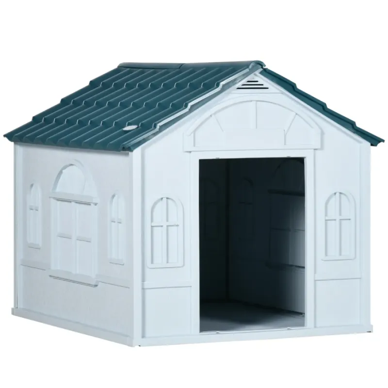 Plastic Outdoor Dog Kennel with Slanted Roof for Medium Dogs - White & Blue