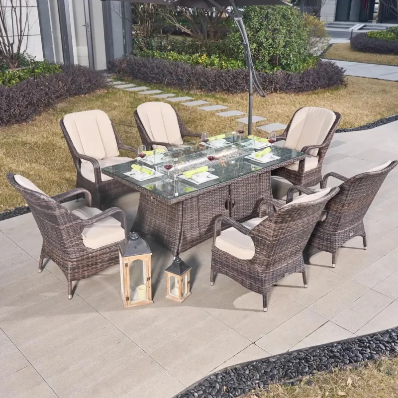 6-Seater Wicker Fire Pit Dining Set with 180cm Rectangular Gas Fire Pit Table