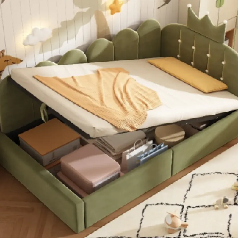 Velvet Upholstered Daybed, Single, in Green, with Hydraulic Storage and Crown Headboard