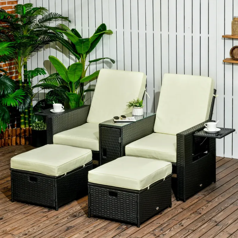  5-Piece Rattan Sun Lounger Set with Storage Footstools and Side Table - Black