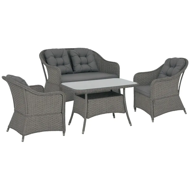  4-Piece Rattan Garden Furniture Set with Glass-Top Coffee Table - Light Grey