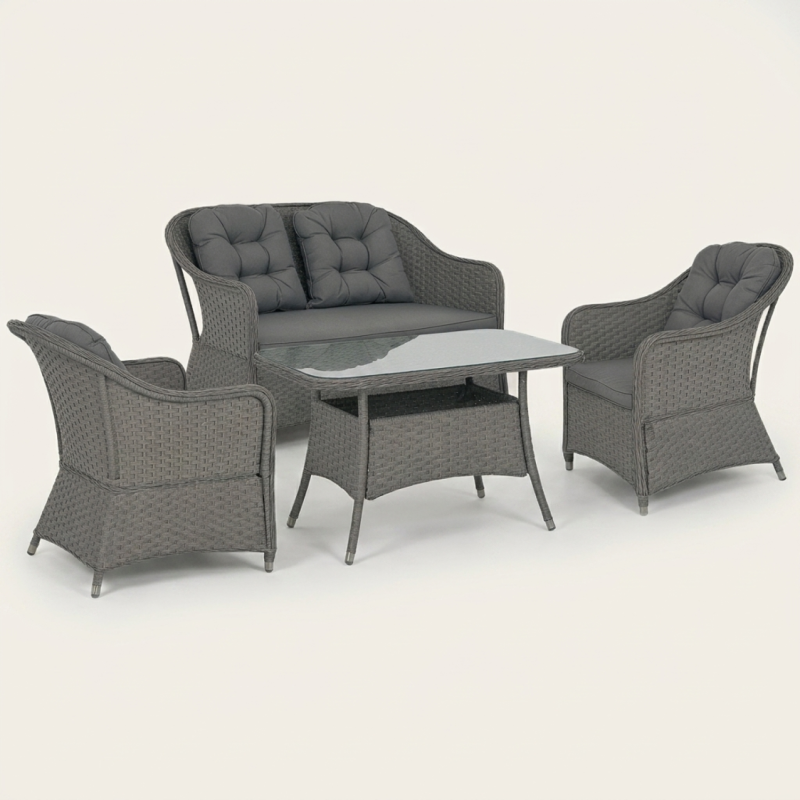 Rattan Garden Furniture Set, 4 Seater Set, in Light Grey, with a Rectangular table & Padded Cushions