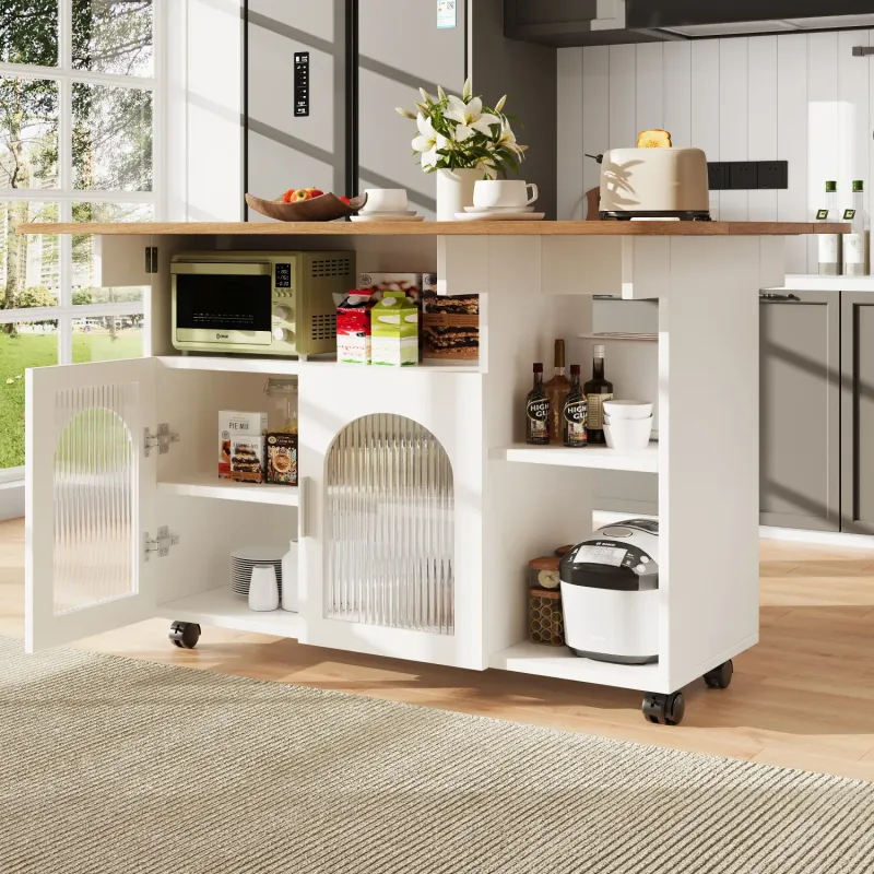 Kitchen Island with Folding Breakfast Bar and Glass Door Cabinets - White