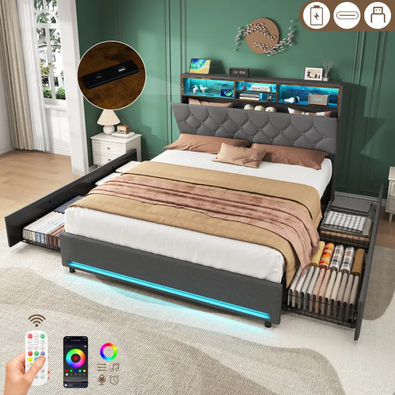 Grey Linen Double Storage Bed Frame with LED Lighting and Charging Station