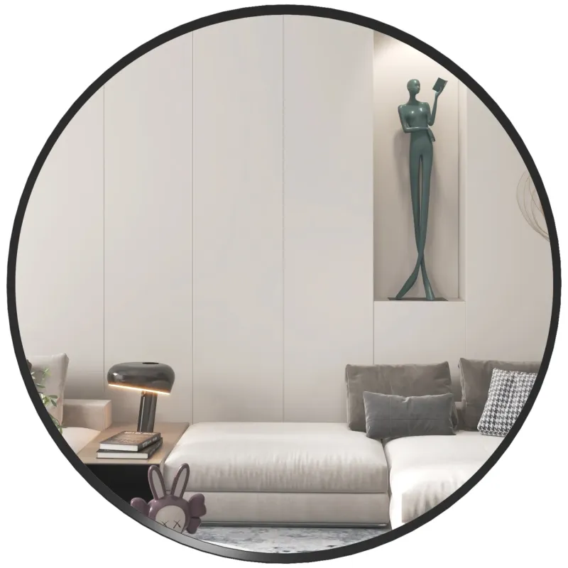 61cm Modern Round Wall Mirror with Black Aluminium Frame