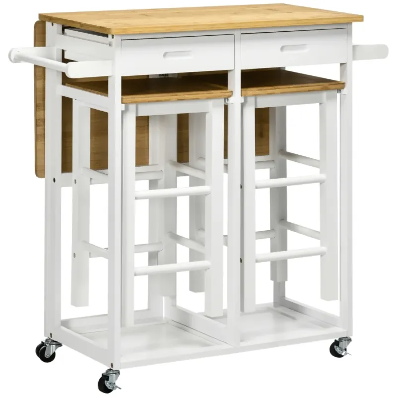 Kitchen Island Set with 2 Stools & Drop Leaf Bamboo Top - White